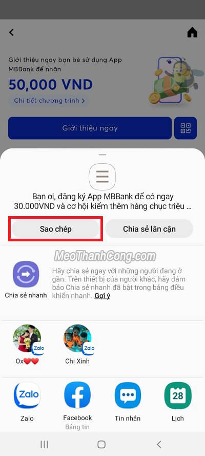 Chọn “Sao chép” để copy link giới thiệu MB Bank - Mở tài khoản MB Bank online - App kiếm tiền online uy tín
