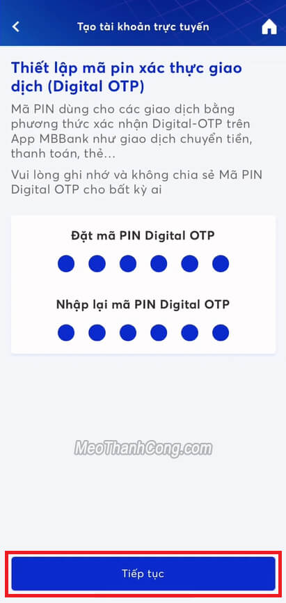 Thiết lập mã PIN xác thực giao dịch (Digital-OTP) - Mở tài khoản MB Bank online - App kiếm tiền online uy tín